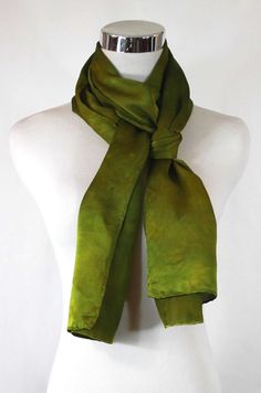 "Hand dyed 12mm satin silk, 14\"x72\" Light green abstract satin scarf, this elegant scarf is one of kind and ready to ship. These are a medium weight silk with a great drape and flow. Silky with an extremely smooth shiny top surface, this is what many people think of when they think \"silk\". Nice when you want something more luxurious and less sheer. The lustrous satin surface is wonderful for painting! They have hand rolled hems with 100% silk thread Product information: Designer - Mary Jane Elegant Scarves, Satin Scarf, Silk Scarf Painting, Hand Painted Silk Scarf, Green Abstract, Satin Color, Hand Painted Silk, Satin Silk, Rolled Hem