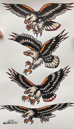 three eagle tattoos on white paper with black and red accents, each one flying in the air