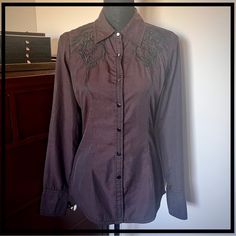 Hello Darling! Roar, From Buckle, Dark Plum Button Up Shirt With Black Pinstripes, Black Graphic Design, Embroidery, Studs, And Rhinestones, And Black Snap Buttons. Very Good Condition - Only Sign Of Wear Is Very Minimal Wear On The Black Coloring Of A Couple Of The Snaps. No Other Signs Of Wear Or Flaws. Never Worn! A Lot Of Buckle In My Closet So Many Gorgeous Pieces In My Closet From Buckle And All The Brands They Carry - Rocker Styles, Bohemian Styles, Grunge Styles - All So Breathtaking! Do Embellished Fitted Shirt For Workwear, Plum Shirt Outfit, Elegant Purple Cotton Blouse, Black Graphic Design, Purple Goth, Goth Shirt, Hello Darling, Rocker Style, Design Embroidery