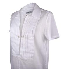 Guaranteed authentic Chanel 04C gossamer light white cotton top. White semi sheer cotton top with a plunging V.Front has tuxedo pleating and 2 small pearl buttons that catch in the center.Buttons are embossed Chanel and are very subtle.Hem has a drawstring.Small sleeve.Fabric is cotton.NEW or NEVER WORNfinal saleSIZE 42USA SIZE 8TOP MEASURES: LENGTH 26.5"UNDERARM TO UNDERARM 21"WAIST 21.25"HIP 21.5" CONDITION: NEW or NEVER WORN Elegant White V-neck Shirt, Summer Formal V-neck Shirt, Formal V-neck Summer Shirt, Elegant White Linen Shirt, Elegant Pleated Formal Tops, Elegant Fitted Blouse With Pintucks, Elegant Fitted Tops With Pintucks, Classic White Blouse With Pintucks, Elegant Pintuck Tops For Work