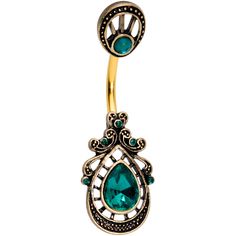 14 Gauge (1.6mm), 3/8" (10mm), Gold Tone PVD over 316L Surgical Grade Stainless Steel Curved Barbell, Reversible Green Gem Gold Tone Filigree Rococo Reversible Belly Ring This 14 gauge navel ring is so full of rococo style that it looks phenomenal no matter what direction you wear it in! It's made with a 3/8" gold tone PVD over 316L surgical grade stainless steel curved barbell. The top end features an oval top charm set with a dark green gem and the bottom end features a large drop shaped dark Belly Piercing Jewelry, Jewelry Promotion, Navel Jewelry, Green Gem, Dangle Belly Rings, Navel Ring, Belly Button Piercing, Rococo Style, Navel Rings