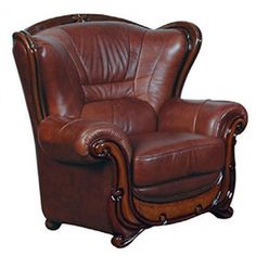 a brown leather recliner chair with wood trimming and nail polishing on the armrests