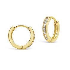 These sleek sterling silver CZ micro hoops are unlike any hoop earrings you've got in your collection! Studded with delicate CZ stones, they're sure to capture attention no matter where you go. Available in silver and gold tones. Materials: 14K gold plated sterling silver sterling silver, cubic zirconia Features: 0.5" hoop, 3mm width, 2mm CZ stones, Lead & Nickel free, friction latch Small Hoop Earrings In Yellow Gold With Sparkling Stones, Gold Plated Diamond Accented Huggie Hoop Earrings, Small Hoop Yellow Gold Cubic Zirconia Earrings, Gold Hypoallergenic Hoop Diamond Earrings, Gold Small Hoop Huggie Earrings With Prong Setting, Hypoallergenic Gold Hoop Diamond Earrings, Hypoallergenic Gold Diamond Hoop Earrings, Classic Gold Hoop Earrings With Sparkling Stones, Classic Yellow Gold Hoop Earrings With Sparkling Stones