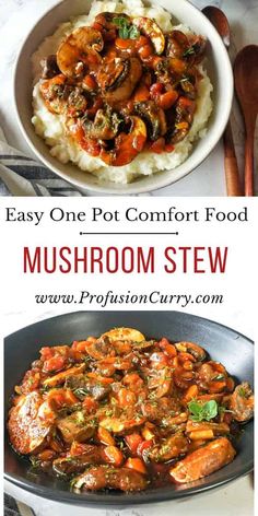 mushroom stew with carrots and mushrooms in a skillet, on top of mashed potatoes