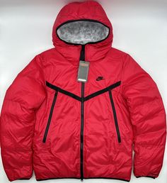 NIKE THERMA-FIT Repel Hooded Jacket Red Men's (Size Small, Medium & Large). Functional Nike Red Outerwear, Luxury Red Men's Track Jacket, Casual Red Moisture-wicking Track Jacket, Red Moisture-wicking Track Jacket For Sports, Red Long Sleeve Windbreaker With Double-lined Hood, Red Jacket, Michael Jordan, Hooded Jacket, Vest Jacket