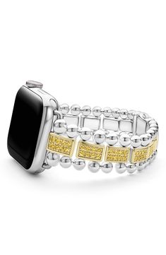 Turn your Apple Watch into a piece of fine jewelry with this band featuring 18-karat gold, sterling silver, yellow sapphires and signature Caviar beading. Apple Watch not included Fits 38 through 45mm Apple Watch Compatible with Series 1–9 Apple Watch Sterling silver/18k gold/yellow sapphire Imported Apple Watch Bracelet, Rose Watch, Apple Watch Bracelets, Gold Apple Watch, Gold Watches Women, Latest Watches, Gold Apple, Watch Bracelet, Bezel Diamond