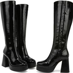 These Will Be A Staple In Your Closet All Winter Long! Comfy, Give You Height And Go With Anything! Dresses, Skirts , Jeans, Even Shorts! Black Patent Leather Knee-high Platform Boots, Black Platform Heeled Boots With Wide Calf, Black Platform Heeled Boots For Wide Calves, Black Platform Boots With Padded Heel And Round Toe, Black Knee-high Platform Boots With Padded Heel, Black Boots With Padded Heel And Round Toe, Black Heeled Boots With Rubber Heel Cap, Black Patent Leather Platform Heeled Boots, Black Platform Boots With Reinforced Heel And Wide Calf