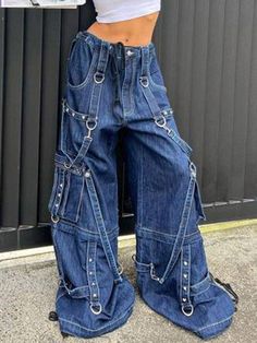 Streetwear Wide Leg Jeans V9833 Korean Grunge Aesthetic, Korean Grunge, Baggy Fashion, Goth Pants, Loose Tie, Baggy Streetwear, Street Punk, Streetwear Pants, Jeans Cargo