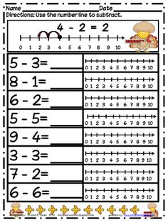 the number line to subtract worksheet for numbers 1 - 10 with pictures