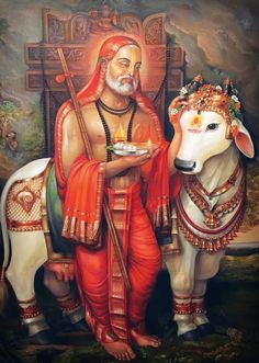 a painting of a man standing next to a cow with a plate in his hand