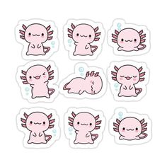 six stickers with different types of squids and octopuses in pink on white background