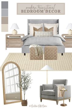 Bedroom decor ideas with neutral tones! Modern Transitional bedroom mood board Master Bedrooms Gray Bed, Grey Master Bedding Ideas, Natural And Grey Bedroom Decor, Grey Headboard With Beige Bedding, Grey Bed With Cream Bedding, Blue Grey White Beige Bedroom, Gray Bed Headboard Decor, Bedroom Idea Grey Bed, Bedroom In Grey Tones