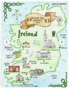 the ireland map is drawn in watercolor and ink