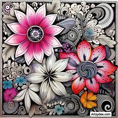 an artistic painting with flowers and swirls on the bottom half of it, in black and white