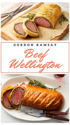 the beef wellington is cut into slices and ready to be eaten