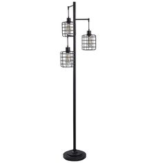 three light floor lamp with caged glass shades on the top and bottom, in black finish