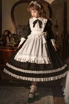 Black High Waist One Piece Maid Style Dress with Detachable Apron Long Sleeves Version Maid Outfits Aesthetic, Maid Outfit Long Skirt, Traditional Maid Outfit, Goth Maid Outfit, Victorian Maid Aesthetic, Maid Dress Aesthetic, Maid Cafe Outfit, Maid Outfit Aesthetic, Dress Aesthetic Royal