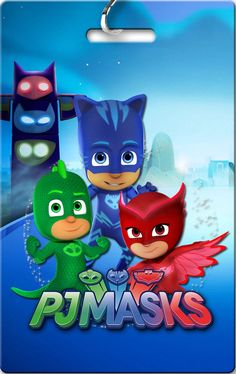 the pj masks movie poster is hanging from a hook on a blue background with an image of two cats and a bird