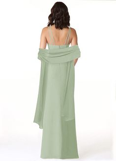 the back of a woman wearing a green dress with an open shoulder and draped over her shoulders