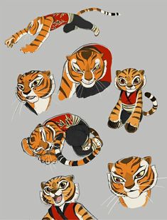 several images of tigers in different poses on a gray background, including one tiger and the other