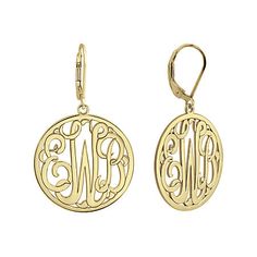 Elegant script lettering on these monogram earrings gives your style an extra personal touch. Initials will appear exactly as entered. Must be three letters, center initial will be enlarged. Made in America.Metal: 14K gold over sterling silverBack: LeverbackDimensions: 25mm longPersonalize: Initials will appear exactly as entered. Must be three letters, center initial will be enlarged. Care: Wipe CleanCountry of Origin:USJewelry photos are enlarged to show detail.Disclaimer: Metal may be rhodium Elegant Personalized Earrings, Elegant Gold Monogram Earrings, Elegant Sterling Silver Initial Earrings, Gold Sterling Silver Earrings With Initials, Elegant Personalized Sterling Silver Earrings, Anniversary Earrings With Initials, Elegant Monogram Earrings As Gift, Gold Earrings With Initials In 14k Gold, Classic Personalized Round Earrings