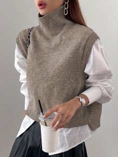 High Neck Sweater Vest Without Blouse Camel Casual   Knitwear Plain  Slight Stretch  Women Clothing, size features are:Bust: ,Length: ,Sleeve Length: Printed Tshirt Outfit, Preppy Vest, Brown Turtleneck Sweater, Casual Knitwear, Sleeveless Sweater Vest, Skirt And Sneakers, Cropped Pullover, Turtle Neck Jumper, Hem Sweater