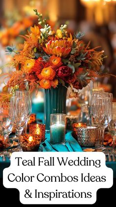 A beautiful teal and burnt orange fall wedding centerpiece with matching teal bridesmaid dresses and autumnal decor. Teal And Burnt Orange Centerpieces, Teal Green And Burnt Orange Wedding, Teal And Burnt Orange Table Setting, Teal And Orange Color Palette Wedding, Teal And Gold Wedding Centerpieces, Teal And Orange Table Setting, Teal And Gold Flowers, Teal Autumn Wedding, Dark Teal And Burnt Orange Wedding Centerpieces