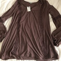 Charlotte Russe Size Large Long Sleeve Brown Flowy Shirt With Bell Sleeves Spring Stretch Brown Long Sleeve Top, Brown Stretch Long Sleeve Top For Spring, Fitted Brown Top For Brunch, Fitted Brown Tops For Brunch, Stretch Brown Tops For Day Out, Casual Stretch Tops For Brunch, Brown Spring Tops For Brunch, Spring Stretch Brown Blouse, Brown Stretch Blouse For Spring