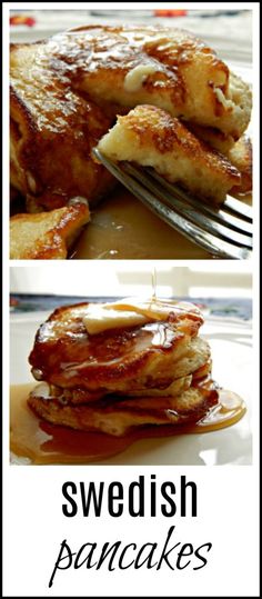 some pancakes with syrup on them and the words swedish pancakes written in black above it