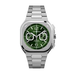 Bell & Ross New Watches - URBAN BR 05 CHRONO GREEN STEEL | Manfredi Jewels Bell Ross, Bell & Ross, Steel Design, Stainless Steel Band, Mens Wedding Rings, Steel Watch, Automatic Watch, Wedding Men, Stainless Steel Bracelet