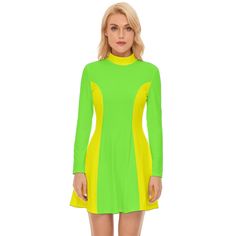 Experience the allure of 60s fashion with our Green Neon Dress, a stunning embodiment of 60s Dress Style and Mod Dress aesthetics. This Green Mod Dress captures the essence of the iconic GOGO Dress, featuring a vivid neon green and neon yellow color block pattern that adds a playful and retro touch. Crafted from high-quality 100% polyester with a luxurious Velour material, this dress ensures comfort and durability, making it a standout piece in any wardrobe.The Turtle Neck Dress design and princ Fitted Retro Mini Dress, Retro Fitted Mini Dress, Retro Long Sleeve Mini Dress For Party, Fitted Green Swim Dress For Spring, Retro Knee-length Mini Dress For Party, Retro Stretch Dress For Party, Fitted Knee-length Retro Mini Dress, Retro Green Mini Dress For Party, Retro Fitted Mini Dress For Spring