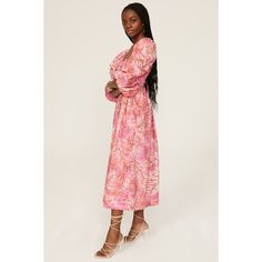 Pink floral cotton (100% Cotton). Hourglass. Square neck. 3/4 sleeves. Back zipper closure. 49.5" from shoulder to hemline. Imported. Floral Print Midi Long Sleeve Dress For Brunch, Chic Midi Dress With Floral Print And 3/4 Sleeves, Floral Print 3/4 Sleeve Midi Dress For Fall, Floral Print Midi Dress With 3/4 Sleeves For Fall, Floral Print Fall Midi Dress With 3/4 Sleeves, Pink Floral Print Long Sleeve Dress, Spring Floral Print Midi Dress 3/4 Length, Spring Floral Print Midi Dress With 3/4 Length, Pink Floral Print Dress With 3/4 Sleeves