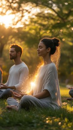 two people sitting on the grass in front of some trees and one person is meditating