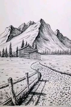 a pencil drawing of a mountain scene with a house in the foreground and a road running through it