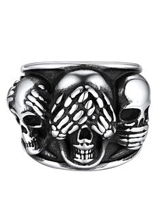 PRICES MAY VARY. 【Gothic Skull Rings】--Retro punk 3 skull band rings, suit for biker, hip hop, rock and gothic fans. Unique skull ring design for broken souls, meticulously crafted in great detail, as well as good cos play jewelry for halloween party. 【Retro Steel Rings for Men】--Top steel biker rings made of 316L Stainless Steel, lead-free and nickel-free. Perfect for sensitive skin, no more worrying about allergies. No tarnish and oxidize, long lasting. It is able to endure a lot of wear and t Black Metal Skull Ring Symbolic Style, Symbolic Black Metal Skull Ring, Punk Style Black Skull Ring Gift, Punk Skull Rings As Gift, Black Punk Skull Ring Collectible, Black Punk Style Skull Ring Collectible, Punk Skull Ring For Halloween, Black Skull Print Rings For Halloween, Black Symbolic Skull Ring For Halloween