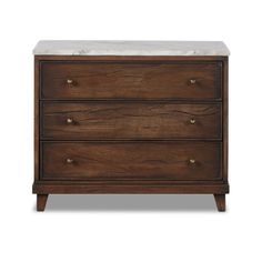 a wooden chest with two drawers and marble top on the bottom, against a white background