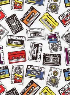 a bunch of old school tapes and cassettes on a white background with red, yellow, blue, and orange tape