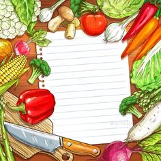 an illustration of vegetables on a cutting board with a notepad - food objects characters