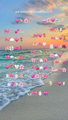 the beach is covered in pink hearts and other things that are floating on the water