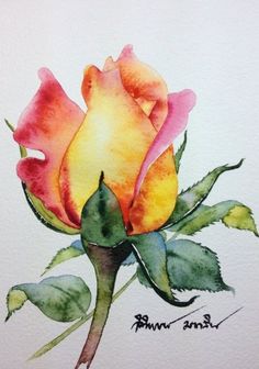 a watercolor painting of a yellow and pink rose