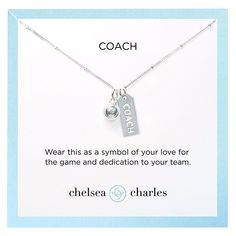 Product Description This Tennis Coach charm necklace was designed as a symbol of dedication to team and sport. Sterling silver plated tennis ball charm (8mm) and reversible COACH tag (.35 x .7") on an 18" sterling silver chain. Makes a thoughtful gift for any tennis coach. Silver Charm Necklace With Logo As Gift, Coach Necklace, Softball Coach Gifts, Tennis Coach Gift, Volleyball Coach, Softball Coach, Bead Crafts Diy, Dance Necklace, Tennis Coach