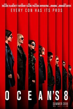 the poster for ocean's 8 is shown in red and black, with people standing on