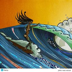 a painting of a woman riding a wave on top of a surfboard