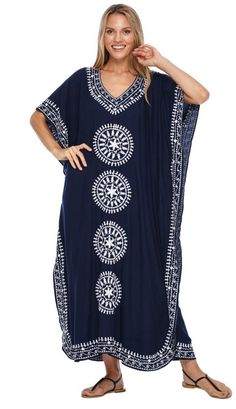 Embroidered Long Kaftan Dress - Love ShuShi Blue Bohemian Resort Cover-up, Summer V-neck Embroidered Kaftan, Blue Tunic Kaftan For Summer, Blue Embroidered V-neck Kaftan, Embroidered Beachwear Maxi Dress For Summer, Summer Embroidered Beachwear Maxi Dress, Summer Beachwear Embroidered Maxi Dress, Blue Bohemian Kaftan For Beach Cover-up, Blue Summer Kaftan For Beachwear