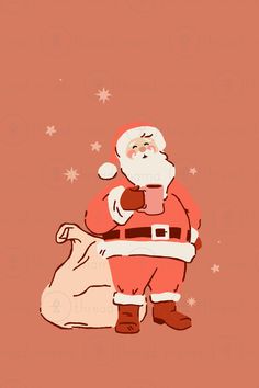 santa claus holding a bag of gifts on a pink background with snowflakes and stars