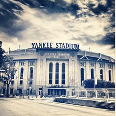 an old photo of yankee stadium in black and white with the name yankee stadium on top