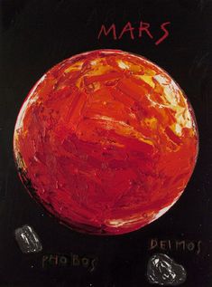 an oil painting of the planet mars with two small rocks in front of it that says mars