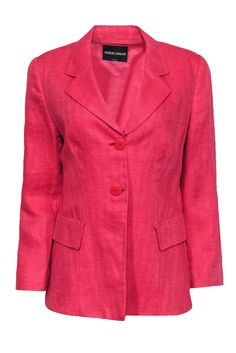 Current Boutique-Giorgio Armani - Hot Pink Linen Double Button Front Blazer Sz M Classic Pink Summer Blazer, Formal Pink Summer Blazer, Elegant Pink Summer Blazer, Pink Tailored Blazer For Summer, Tailored Pink Summer Blazer, Classic Pink Spring Blazer, Classic Pink Blazer For Spring, Pink Summer Outerwear With Button Closure, Casual Pink Summer Blazer