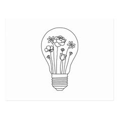 a black and white drawing of a light bulb with flowers in it on a white background