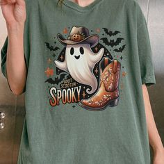 Boot Scootin Spooky Western Ghost Halloween Comfort Colors Unisex Garm Halloween Acid Wash Casual T-shirt, Casual Acid Wash Halloween T-shirt, Casual Acid Wash T-shirt For Halloween, Halloween Acid Wash T-shirt With Letter Print, Halloween Acid Wash Short Sleeve T-shirt, Acid Wash Short Sleeve T-shirt For Halloween, Halloween Acid Wash Cotton T-shirt, Acid Wash Cotton T-shirt For Halloween, Halloween Graphic Tee Distressed T-shirt